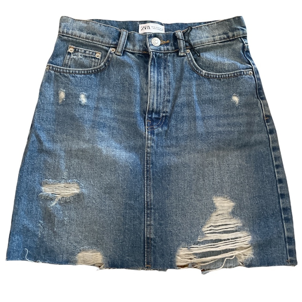 Zara Blue Distressed Denim Mini Skirt.